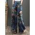 Blue Print Cotton Wide Leg Pants High waist Pockets Summer