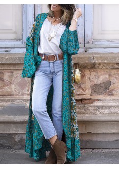 Bohemian Holiday Floral Print Bell Long Sleeve Open Front Cardigan