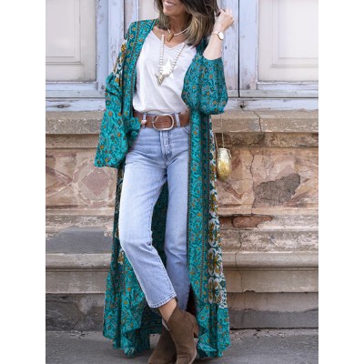 Bohemian Holiday Floral Print Bell Long Sleeve Open Front Cardigan