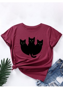 Women Black Cats Print O  Neck Multicolor Casual Short Sleeve T  Shirt