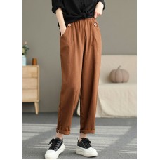 Women Corduroy Pleated Solid Elastic Waist Side Pockets Casual Pants