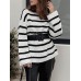 Women Black and White Striped O  Neck Casual Loose Fit Preppy Sweasters