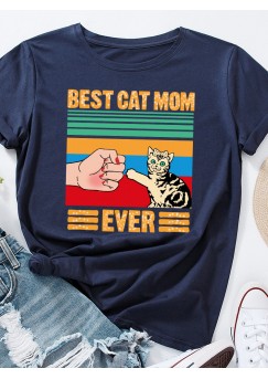 Cartoon Cat Slogan Print Round Neck T  shirt For Women