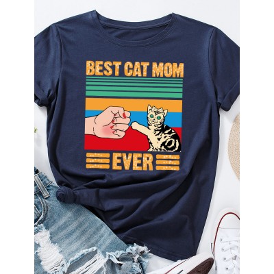 Cartoon Cat Slogan Print Round Neck T  shirt For Women