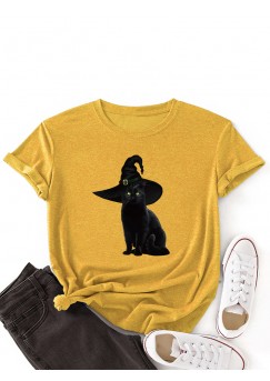 Women Black Cat Pattern Print O  Neck Short Sleeve Casual Thin T  Shirt