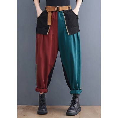 Streetwear Colorblock Pockets Patchwork Cotton Denim Harm Pants Summer