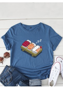 Women Cartoon Sleeping Sushi Print O  Neck Short Sleeve Leisure T  Shirt