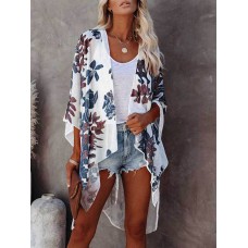 Flower Print Split High  Low Hem Loose Open Front Cardigan