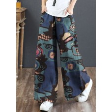 Blue Print Cotton Wide Leg Pants High waist Pockets Summer