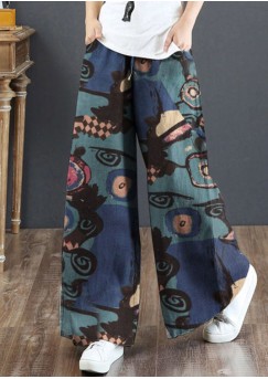 Blue Print Cotton Wide Leg Pants High waist Pockets Summer