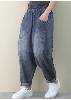 French Dark Blue Elastic Waist Pockets Patchwork Cotton Denim Pants Spring