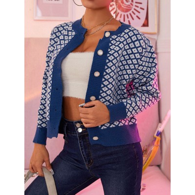 Women Diamond Square Pattern Geometric Literal Crop Top Cardigan