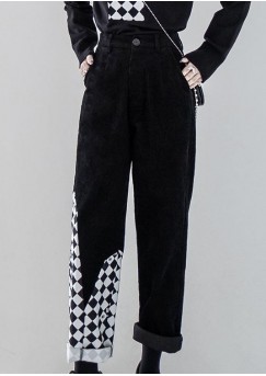 Women Black Patchwork High Waist Warm Fleece Corduroy Straight Pants Fall