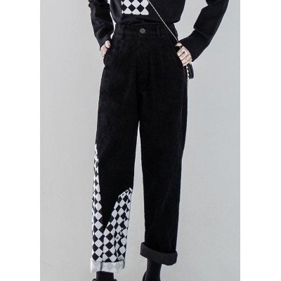 Women Black Patchwork High Waist Warm Fleece Corduroy Straight Pants Fall