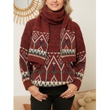 Women Christmas Elements Claret Vintage with Scarf Casual Sweaters