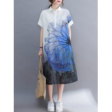 Plant Print Pocket Button Lapel Short Sleeve Shirt Dress