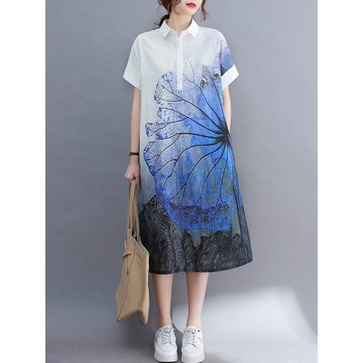 Plant Print Pocket Button Lapel Short Sleeve Shirt Dress