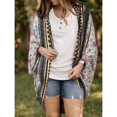 Floral Tribal Pattern Print Open Front Loose Cardigan