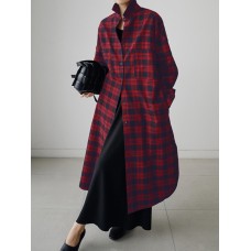 Women Plaid Retro Button Cuffs Split Side Pockets Lapel Long Sleeve Shirtdress Cardigan