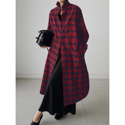 Women Plaid Retro Button Cuffs Split Side Pockets Lapel Long Sleeve Shirtdress Cardigan