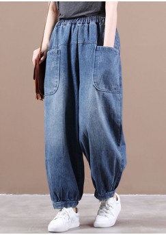 Fashion Denim Blue Elastic Waist Pockets Patchwork Cotton Harem Pants Fall