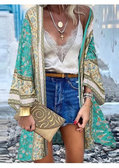 Floral Print Bohemian Open Front Long Sleeve Holiday Cardigan