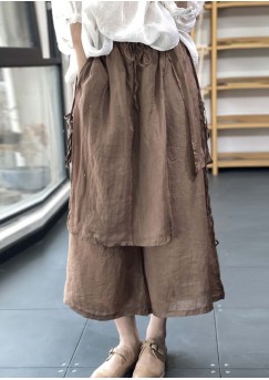 Handmade Coffee Elastic Waist Drawstring Asymmetrical Linen Wide Leg Pants Summer