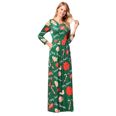 Women Christmas Maple Leaves Printing Pattern Long Sleeves Dress Skirt