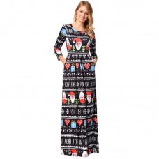 Women Christmas Heart Printing Pattern Long Sleeves Dress Skirt