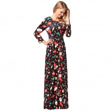 Women Christmas Candle Printing Pattern Long Sleeves Dress Skirt