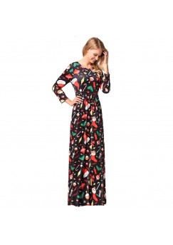 Women Christmas Candle Printing Pattern Long Sleeves Dress Skirt