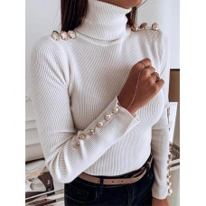 Women Turtleneck Solid Color Button Long Sleeve Basic Sweater