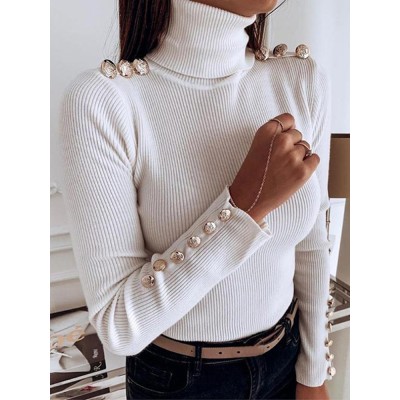 Women Turtleneck Solid Color Button Long Sleeve Basic Sweater