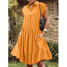 Solid Button Pocket Ruffles Lapel Short Sleeve Shirt Dress