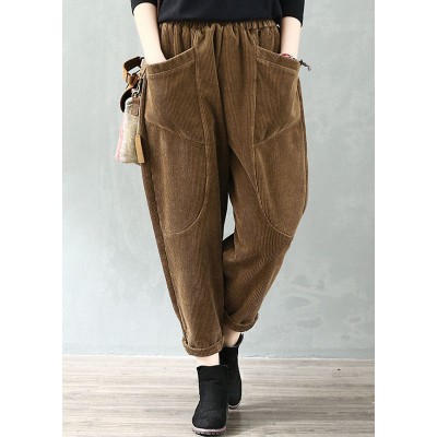 Plus Size Coffee Elastic Waist Pockets Velour Harem Pants Fall