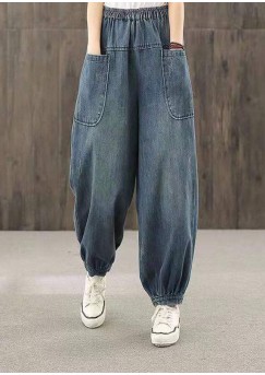 Plus Size Blue Elastic Waist Big Pockets Patchwork Cotton Denim harem Pants Summer