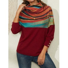 Women Rainbow Striped Print Patchwork Turtleneck Ribbed Sweater