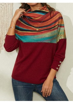 Women Rainbow Striped Print Patchwork Turtleneck Ribbed Sweater