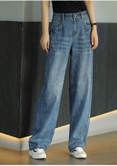 French Denim Blue Elastic Waist Pockets Cotton Straight Pants Summer