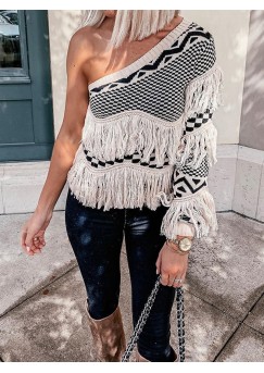 Women Grid Pattern Knitted Stitching One Shoulder Tassel Sweater