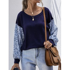 Women Ditsy Floral Print Patchwork Knit Casual Long Sleeve Sweaters