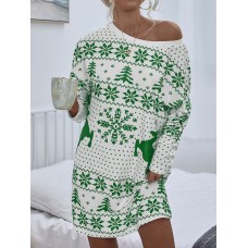 Women Christmas Knit Snowflake Deer Print Crew Neck Casual Sweaters