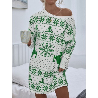 Women Christmas Knit Snowflake Deer Print Crew Neck Casual Sweaters