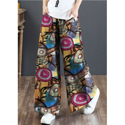 Stylish Yellow Pockets Print Cotton Loose Straight Pants Summer