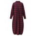 Women Plaid Retro Button Cuffs Split Side Pockets Lapel Long Sleeve Shirtdress Cardigan